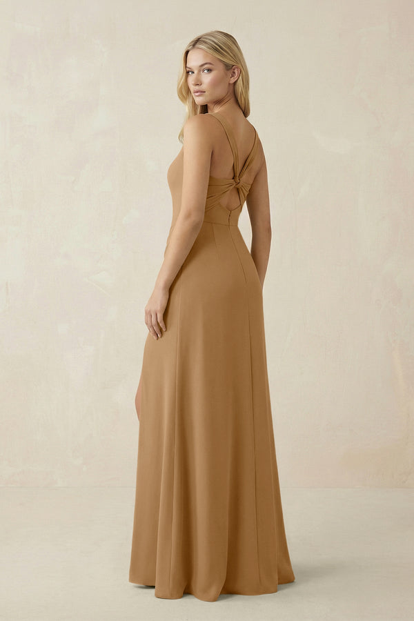 Square Neck Ruched Sheath Satin Bridesmaid Dress in Bronzer - KissProm Bridesmaid Dresses
