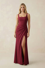 Square Neck Ruched Sheath Satin Bridesmaid Dress in Burgundy - KissProm Bridesmaid Dresses