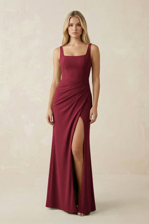 Square Neck Ruched Sheath Satin Bridesmaid Dress in Burgundy - KissProm Bridesmaid Dresses