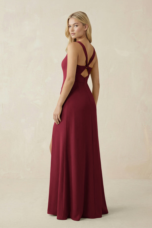 Square Neck Ruched Sheath Satin Bridesmaid Dress in Burgundy - KissProm Bridesmaid Dresses