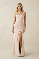 Square Neck Ruched Sheath Satin Bridesmaid Dress in Buttercream - KissProm Bridesmaid Dresses