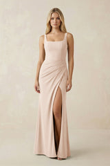 Square Neck Ruched Sheath Satin Bridesmaid Dress in Buttercream - KissProm Bridesmaid Dresses