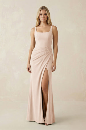 Square Neck Ruched Sheath Satin Bridesmaid Dress in Buttercream - KissProm Bridesmaid Dresses