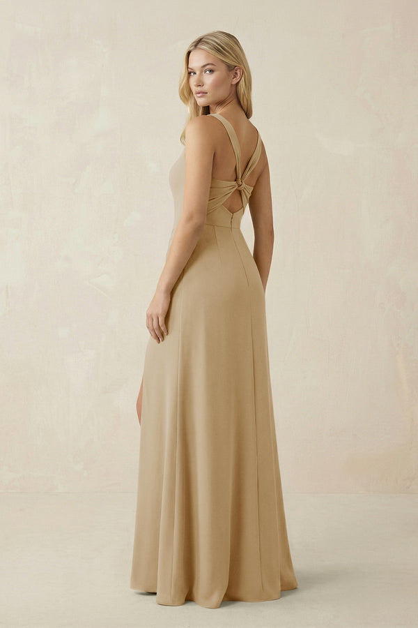 Square Neck Ruched Sheath Satin Bridesmaid Dress in Champagne - KissProm Bridesmaid Dresses
