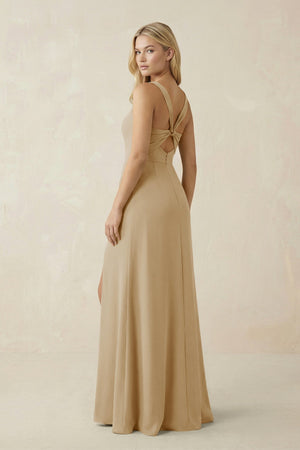 Square Neck Ruched Sheath Satin Bridesmaid Dress in Champagne - KissProm Bridesmaid Dresses