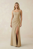 Square Neck Ruched Sheath Satin Bridesmaid Dress in Champagne - KissProm Bridesmaid Dresses