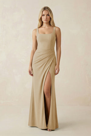 Square Neck Ruched Sheath Satin Bridesmaid Dress in Champagne - KissProm Bridesmaid Dresses
