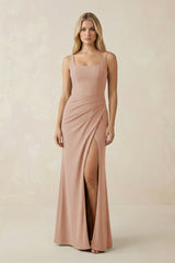 Square Neck Ruched Sheath Satin Bridesmaid Dress in Champagne Rose - KissProm Bridesmaid Dresses