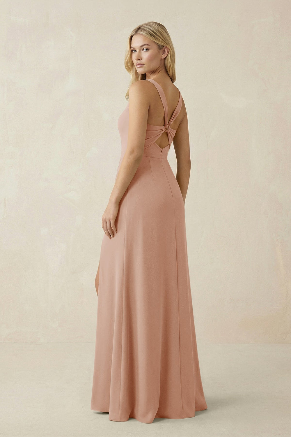 Square Neck Ruched Sheath Satin Bridesmaid Dress in Champagne Rose - KissProm Bridesmaid Dresses