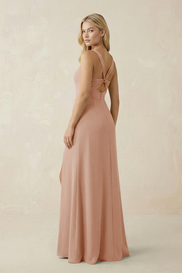 Square Neck Ruched Sheath Satin Bridesmaid Dress in Champagne Rose - KissProm Bridesmaid Dresses