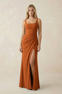 Square Neck Ruched Sheath Satin Bridesmaid Dress in Cinnamon - KissProm Bridesmaid Dresses