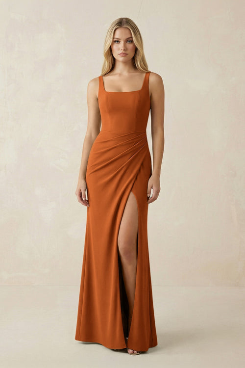 Square Neck Ruched Sheath Satin Bridesmaid Dress in Cinnamon - KissProm Bridesmaid Dresses