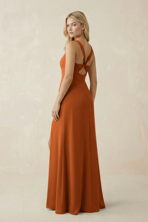 Square Neck Ruched Sheath Satin Bridesmaid Dress in Cinnamon - KissProm Bridesmaid Dresses