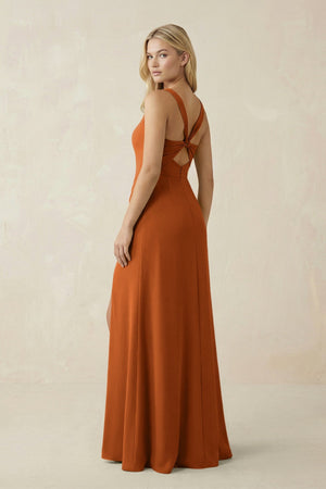Square Neck Ruched Sheath Satin Bridesmaid Dress in Cinnamon - KissProm Bridesmaid Dresses