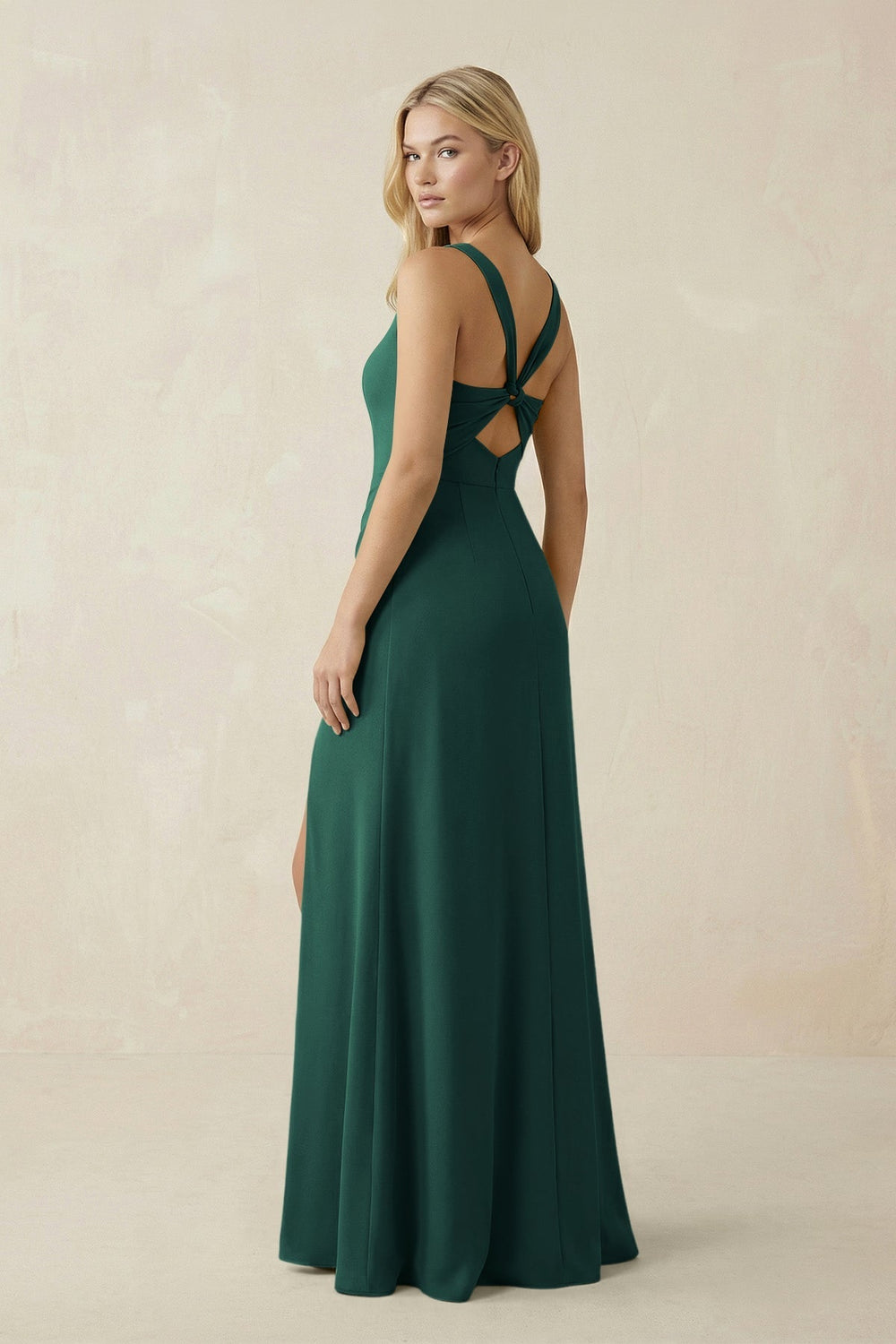 Square Neck Ruched Sheath Satin Bridesmaid Dress in Dark Green - KissProm Bridesmaid Dresses