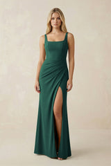 Square Neck Ruched Sheath Satin Bridesmaid Dress in Dark Green - KissProm Bridesmaid Dresses