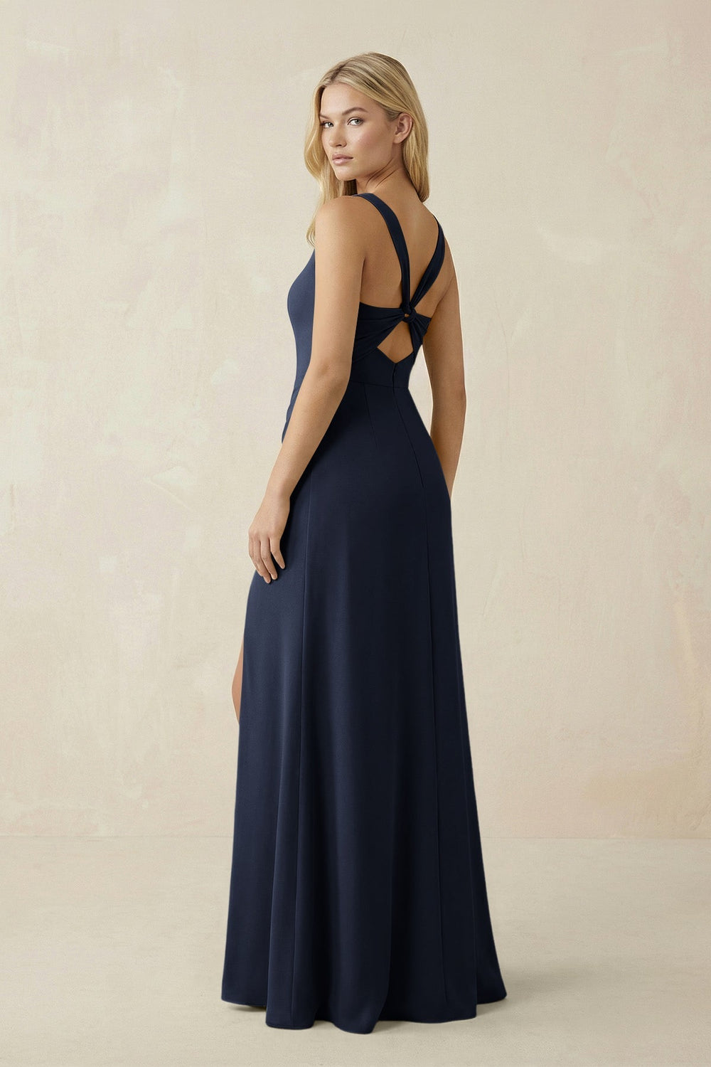 Square Neck Ruched Sheath Satin Bridesmaid Dress in Dark Navy - KissProm Bridesmaid Dresses