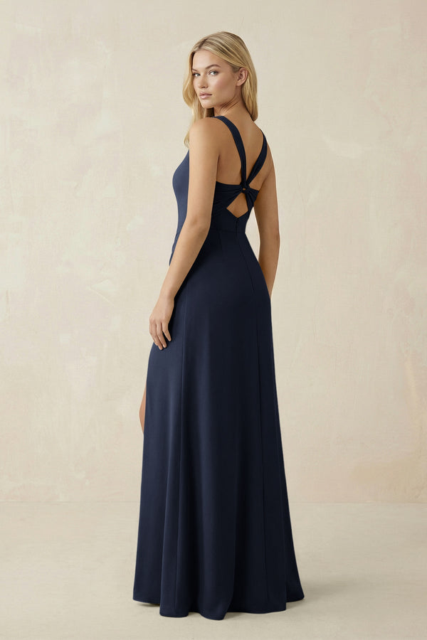 Square Neck Ruched Sheath Satin Bridesmaid Dress in Dark Navy - KissProm Bridesmaid Dresses