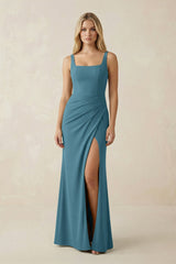 Square Neck Ruched Sheath Satin Bridesmaid Dress in Dark Teal - KissProm Bridesmaid Dresses