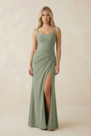 Square Neck Ruched Sheath Satin Bridesmaid Dress in Dove Gray - KissProm Bridesmaid Dresses