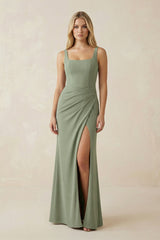 Square Neck Ruched Sheath Satin Bridesmaid Dress in Dove Gray - KissProm Bridesmaid Dresses