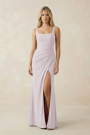 Square Neck Ruched Sheath Satin Bridesmaid Dress in Dusk - KissProm Bridesmaid Dresses