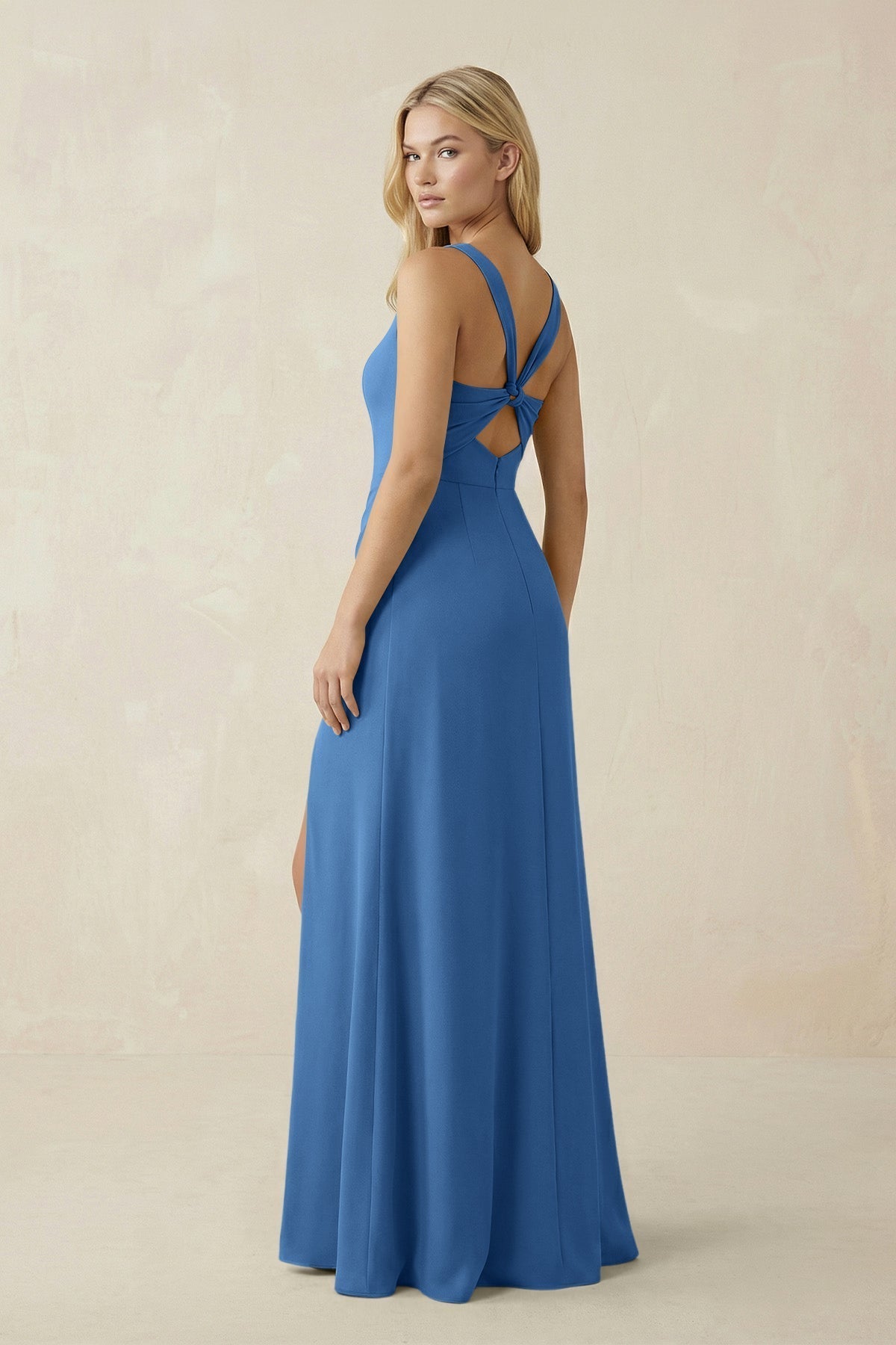 KissProm Square Neck Ruched Sheath Satin Bridesmaid Dress in Dusty Blue, Dusty Blue / Custom Size( Free )