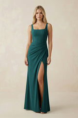 Square Neck Ruched Sheath Satin Bridesmaid Dress in Emerald - KissProm Bridesmaid Dresses