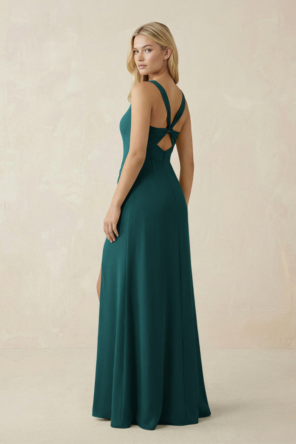 Square Neck Ruched Sheath Satin Bridesmaid Dress in Emerald - KissProm Bridesmaid Dresses