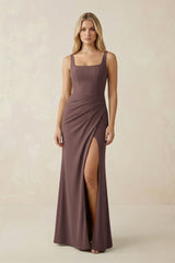 Square Neck Ruched Sheath Satin Bridesmaid Dress in Espresso - KissProm Bridesmaid Dresses