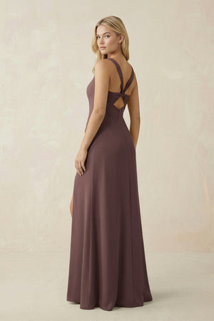 Square Neck Ruched Sheath Satin Bridesmaid Dress in Espresso - KissProm Bridesmaid Dresses