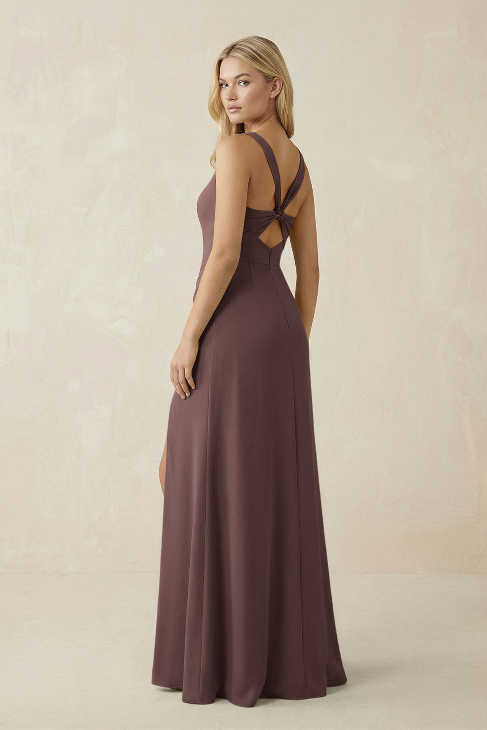 Square Neck Ruched Sheath Satin Bridesmaid Dress in Espresso - KissProm Bridesmaid Dresses