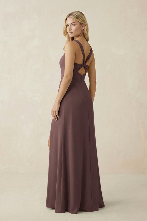 Square Neck Ruched Sheath Satin Bridesmaid Dress in Espresso - KissProm Bridesmaid Dresses