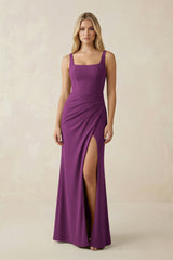 Square Neck Ruched Sheath Satin Bridesmaid Dress in Fig - KissProm Bridesmaid Dresses