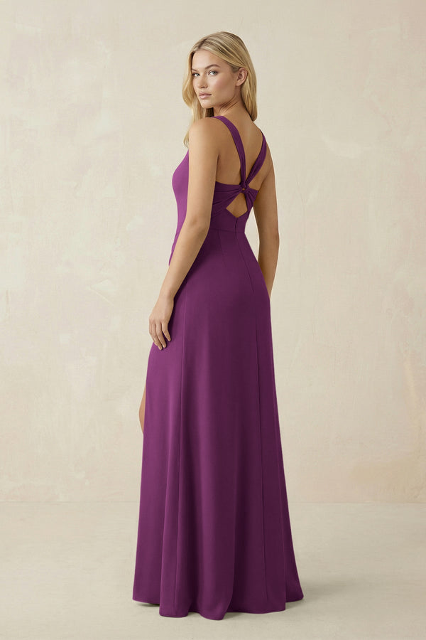Square Neck Ruched Sheath Satin Bridesmaid Dress in Fig - KissProm Bridesmaid Dresses