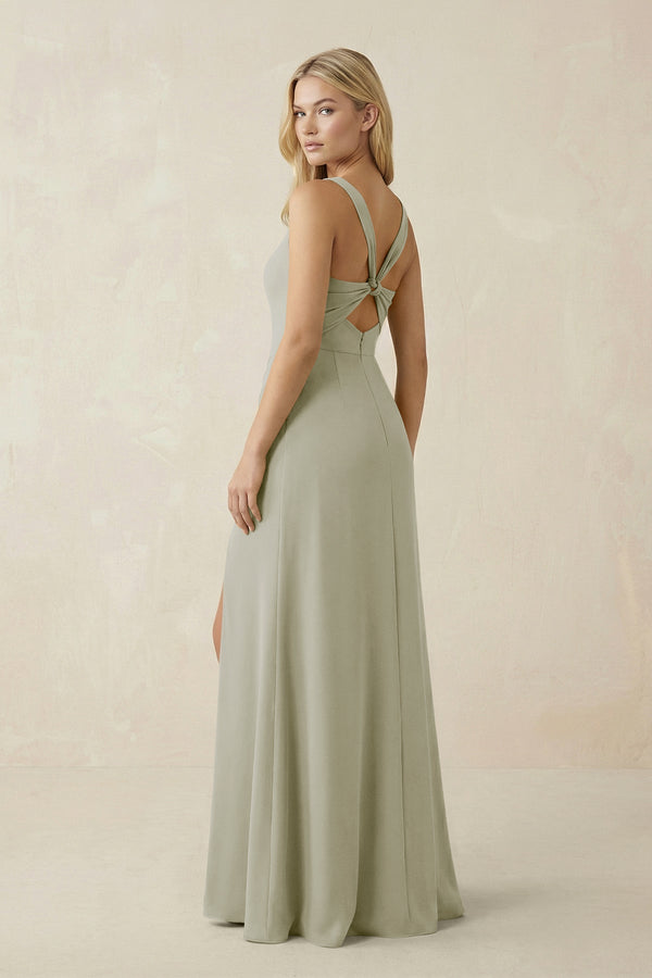 Square Neck Ruched Sheath Satin Bridesmaid Dress in Frost - KissProm Bridesmaid Dresses