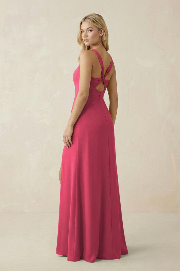 Square Neck Ruched Sheath Satin Bridesmaid Dress in Fuchsia - KissProm Bridesmaid Dresses
