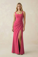 Square Neck Ruched Sheath Satin Bridesmaid Dress in Fuchsia - KissProm Bridesmaid Dresses