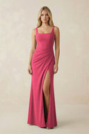 Square Neck Ruched Sheath Satin Bridesmaid Dress in Fuchsia - KissProm Bridesmaid Dresses