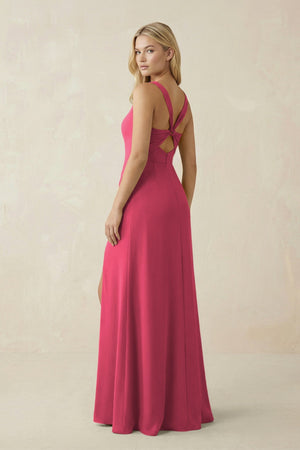 Square Neck Ruched Sheath Satin Bridesmaid Dress in Fuchsia - KissProm Bridesmaid Dresses
