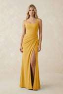 Square Neck Ruched Sheath Satin Bridesmaid Dress in Gold - KissProm Bridesmaid Dresses