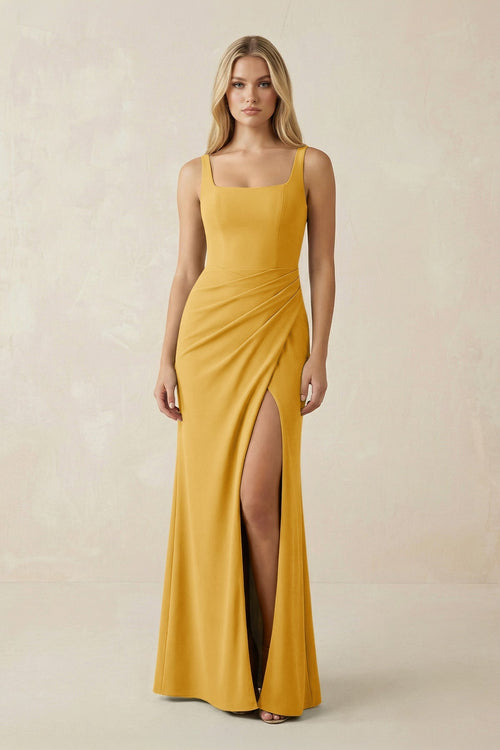 Square Neck Ruched Sheath Satin Bridesmaid Dress in Gold - KissProm Bridesmaid Dresses