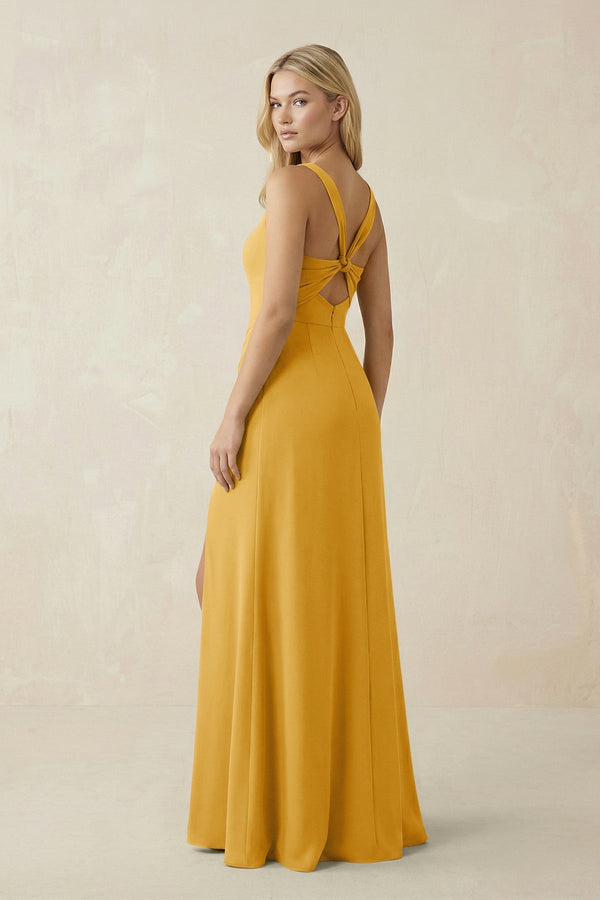 Square Neck Ruched Sheath Satin Bridesmaid Dress in Gold - KissProm Bridesmaid Dresses