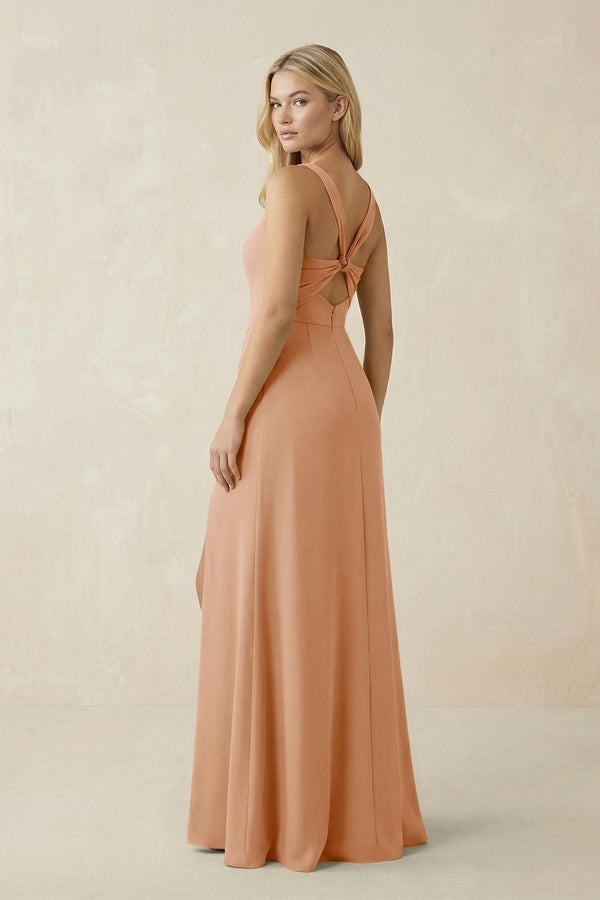 Square Neck Ruched Sheath Satin Bridesmaid Dress in Golden Champagne - KissProm Bridesmaid Dresses