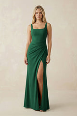 Square Neck Ruched Sheath Satin Bridesmaid Dress in Green - KissProm Bridesmaid Dresses