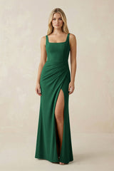 Square Neck Ruched Sheath Satin Bridesmaid Dress in Green - KissProm Bridesmaid Dresses