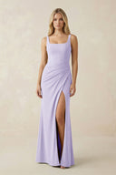 Square Neck Ruched Sheath Satin Bridesmaid Dress in Lavender - KissProm Bridesmaid Dresses