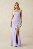 Square Neck Ruched Sheath Satin Bridesmaid Dress in Lavender - KissProm Bridesmaid Dresses