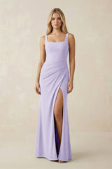 Square Neck Ruched Sheath Satin Bridesmaid Dress in Lavender - KissProm Bridesmaid Dresses