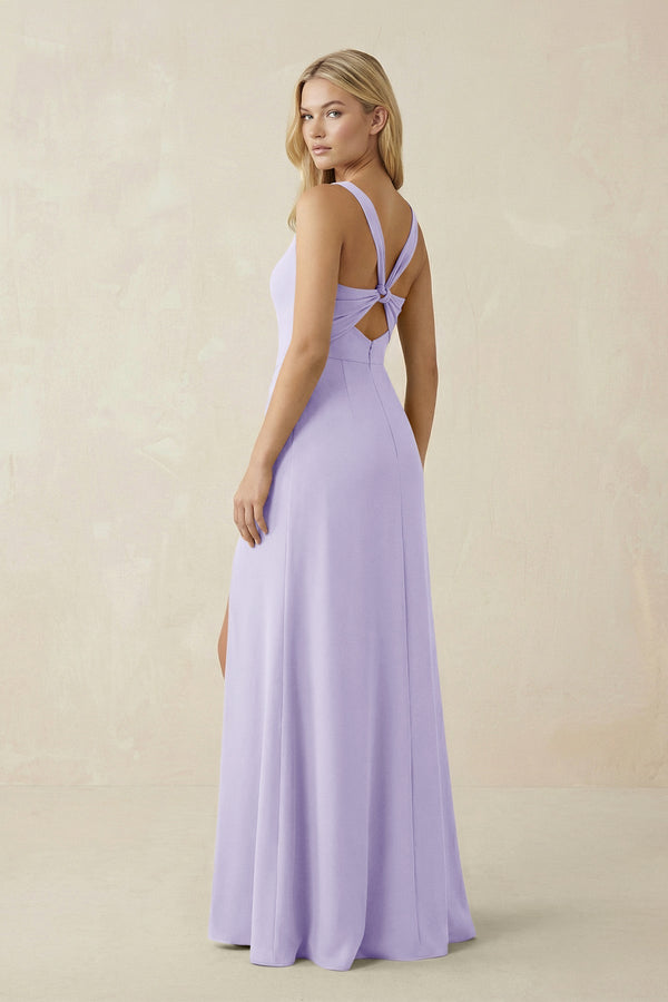Square Neck Ruched Sheath Satin Bridesmaid Dress in Lavender - KissProm Bridesmaid Dresses